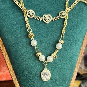 Elegant Gold, Pearl, and Crystal Necklace with Dainty Heart Bracelet